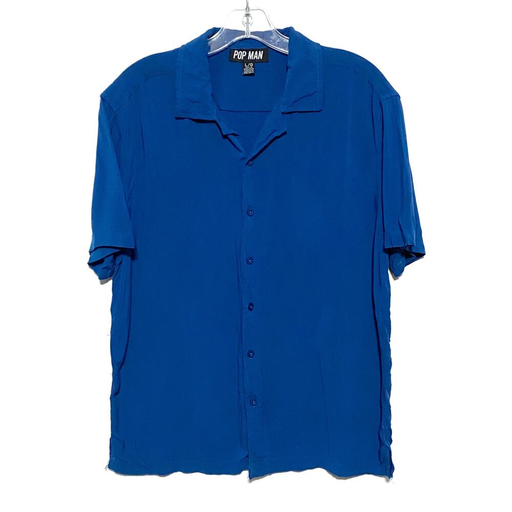 Pop Man Blue Button Down Shirt Mens L Short Sleeve Preppy Casual Retro Office